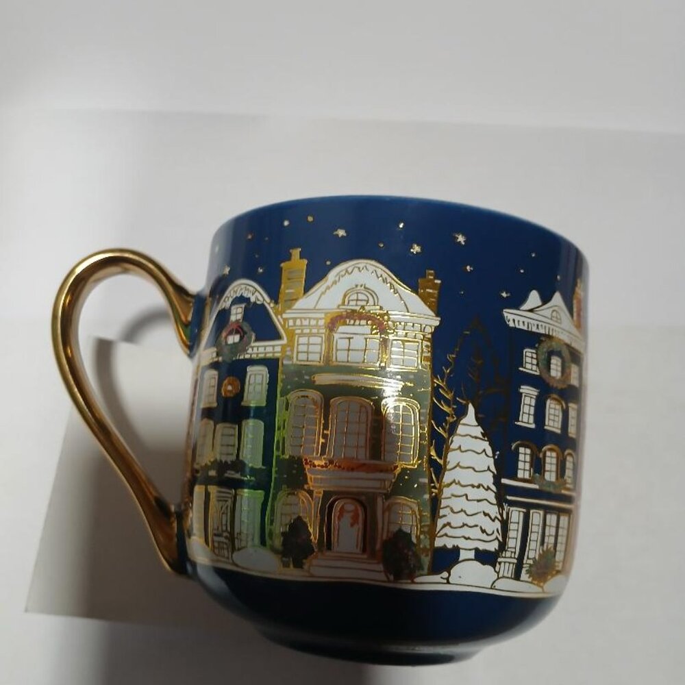 Village Coffee Cup Town Houses Gold handle Blue star sky holiday beautiful NEW